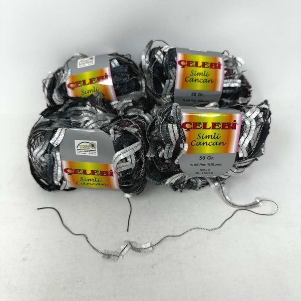 Celebi Simli Cancan Novelty Ribbon Yarn Silver Black Multi Lot of 4 Skeins 50g